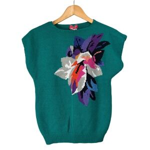VTG Claude Teal Green Floral Knit Sleeveless Vest Women's L Abstract Artsy Retro